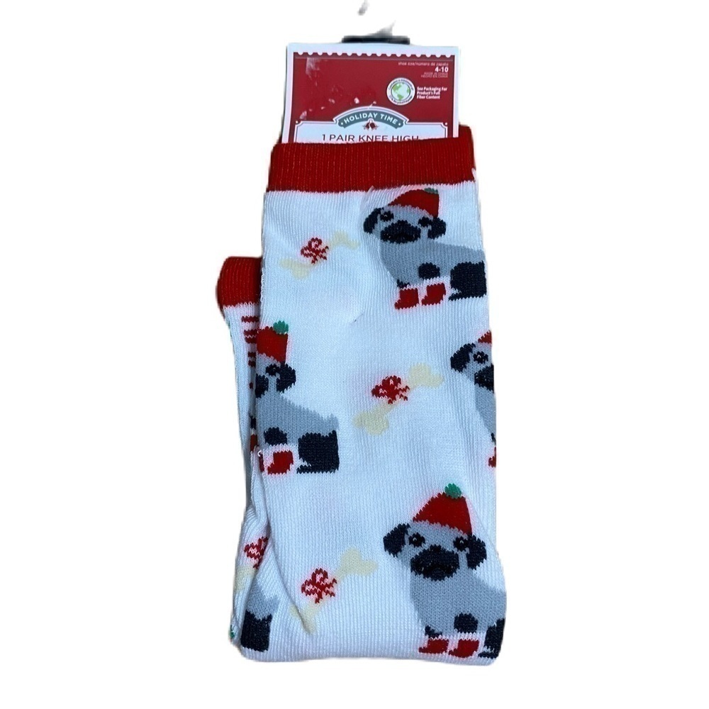 Pug Christmas Dog Knee High Socks NEW Sz 4-10 Santa Hat